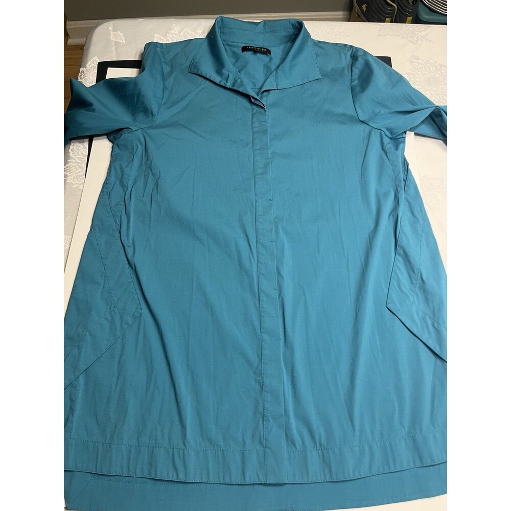 Lafayette 148 Teal Button Down Geometric Sides Tunic Blouse Sz M